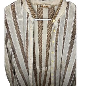 E Stewart button down tan nude vertical textured panels womens size 12, Large